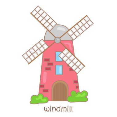 Windmill Binası Sözcük Hazinesi Okulu Dersi Çizgi Film Çizimi Vektörü Clipart Çıkartma Arkaplanı için W alfabesi