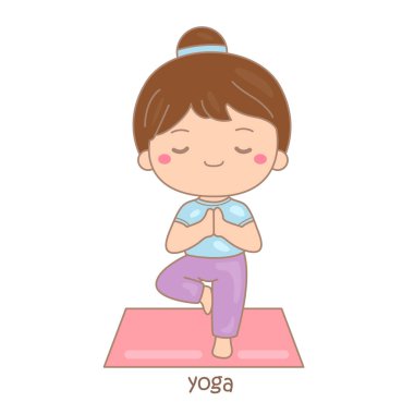 Yoga Kız Çocuklar için Y Alfabesi Spor Sağlıklı Sözcük Bilgisi Dersi Okuma Çizgi Roman Çizimi Çizim Vektörü Clipart Çıkartma Arkaplanı Flash Kartı