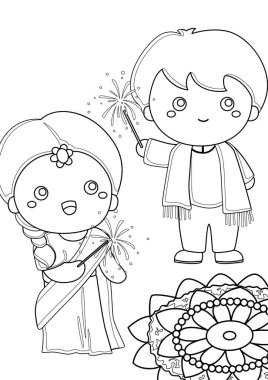 Diwali India Deepavali Traditional Costume Fashion Culture Kids Girl Boy Couple Holiday Celebration Cartoon Coloring Activity for Kids and Adult clipart