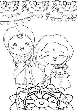 Diwali India Deepavali Traditional Costume Fashion Culture Kids Girl Boy Couple Holiday Celebration Cartoon Coloring Activity for Kids and Adult clipart