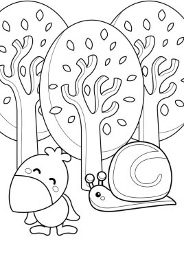 Raven Bird and Snail Insects Forest Tree Nature Animal Cartoon Coloring Activity for Kids and Adult clipart