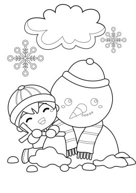 Cute Kids and Snowman Playing Holiday Winter Season Christmas Cartoon Coloring Activity for Kids and Adult clipart