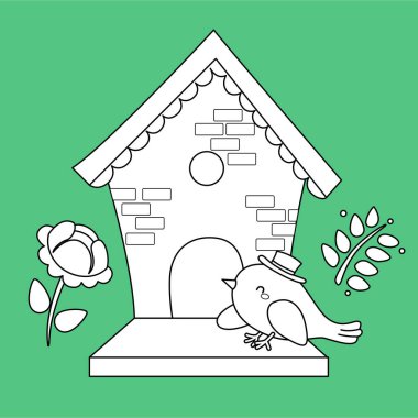 Cute Animal Bird House Design Cartoon Digital Stamp Outline clipart