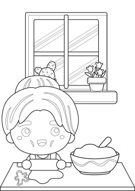 Old Woman Grandmother Baking at Home Cartoon Coloring Holiday Activity for Kids and Adult clipart