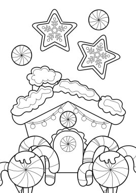 Cute Gingerbread House Cookies Design Chocolate and Candy for Christmas Holiday Season Greeting Cartoon Coloring Activity for Kids and Adult clipart