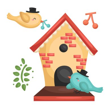 Renkli Şirin Kuş Evi Hayvan Çizim Filmi Vektörü Clipart Çıkartma Dekorasyonu Arkaplan Aksesuarları