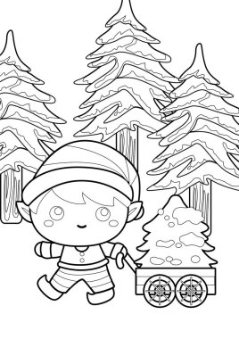 Şirin Noel Elf Çocuk Karakteri Çocuklar ve Yetişkinler için Çizgi Film Renklendirme Etkinliği