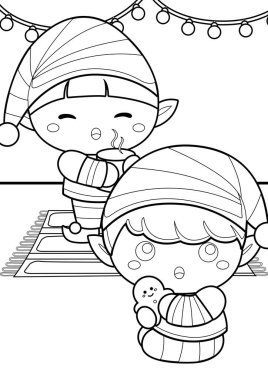 Şirin Noel Elf Çocuk Karakteri Çocuklar ve Yetişkinler için Çizgi Film Renklendirme Etkinliği