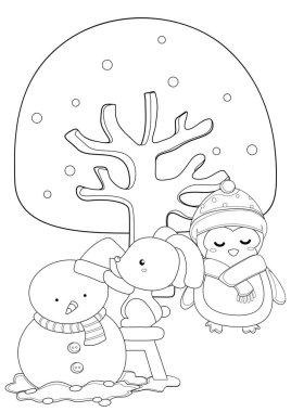 Tatlı Noel Kardan Adam Tavşan Penguen Hayvan Tatil Partisi Çocuklar ve Yetişkinler için Çizgi Film Boyama Etkinliği