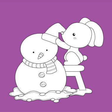 Christmas Animal Rabbit and Snowman Winter Cartoon Digital Stamp Outline clipart