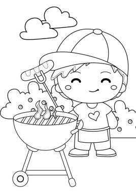 Tatil için Izgara Yapan Mutlu Çocuklar Mangal Partisi Piknik Tatil Hafta sonu Çocuklar ve Yetişkinler İçin Çizgi Film Etkinliği