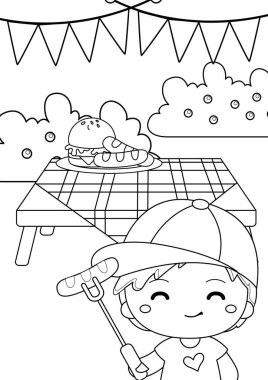 Happy Kids Doing Grill Barbeque Party Cooking for Holiday Picnic Vacation Weekend Outdoor Activity Cartoon Coloring Activity for Kids and Adult clipart