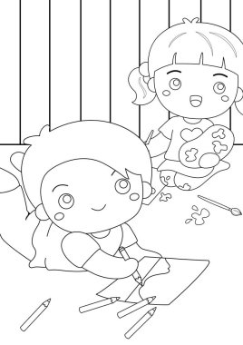 Mutlu Çocuklar Resim Yapıyor Sanat Sanatı Çiziyor Hobi Yaratıcı Etkinlik Okulu Tatil Karikatürü Boyama Tatil Aktivitesi Okul Çalışma Sayfası ve Yetişkinler