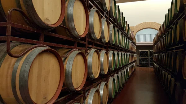 Stacked oak wooden barrels storing wine in a cellar at height giving linearity and circularity