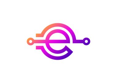 E Harfi Teknoloji Vektör Logo Tasarım Şablonu. E harfi molekülü, bilim ve biyoteknoloji vektör logosu