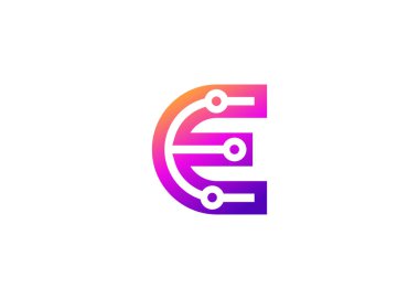 E Harfi Teknoloji Vektör Logo Tasarım Şablonu. E harfi molekülü, bilim ve biyoteknoloji vektör logosu