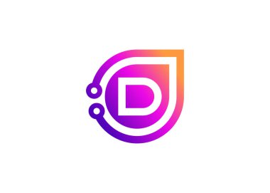 D harfi teknoloji vektör logo tasarım şablonu. D harfi molekülü, bilim ve biyoteknoloji vektör logosu