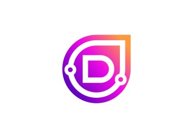 D harfi teknoloji vektör logo tasarım şablonu. D harfi molekülü, bilim ve biyoteknoloji vektör logosu