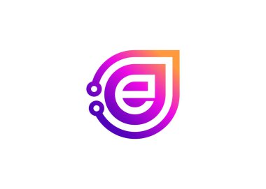 E Harfi Teknoloji Vektör Logo Tasarım Şablonu. E harfi molekülü, bilim ve biyoteknoloji vektör logosu