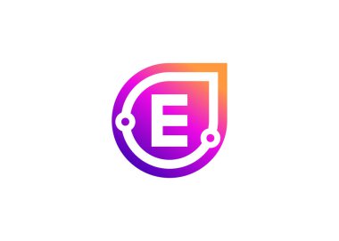 E Harfi Teknoloji Vektör Logo Tasarım Şablonu. E harfi molekülü, bilim ve biyoteknoloji vektör logosu