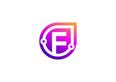 Harf F Technology vektör logo tasarım şablonu. F harfi molekülü, bilim ve biyoteknoloji vektör logosu