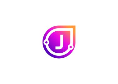 Harf J Technology vektör logo tasarım şablonu. J harfi molekülü, bilim ve biyoteknoloji vektör logosu