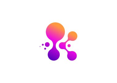 K harfi teknoloji vektör logo tasarım şablonu. K harfi molekülü, bilim ve biyoteknoloji vektör logosu