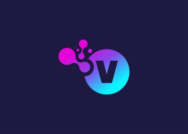 V harfi teknoloji vektör logo tasarım şablonu. V harfi molekülü, bilim ve biyoteknoloji vektör logosu