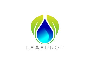 Su damlası ve yeşil yaprak logo tasarım vektör şablonu. Doğal su damlası vektör logosu