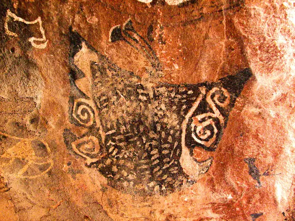 Painted Caves of Guachipas (Argentina). Pre-Hispanic aboriginal painting that represents a black shield-soldier.