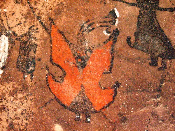 Painted Caves of Guachipas (Argentina). Pre-Hispanic aboriginal painting depicting a red shield-man.