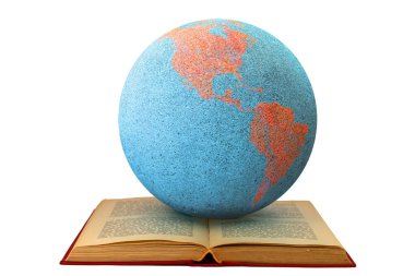 Amerika 'yı çalışma ve öğrenme kavramı olarak görebileceğiniz açık bir kitaptaki dünya küresi. Açık kitap okumayı, çalışmayı ve küresel öğrenmeyi sembolize eder..