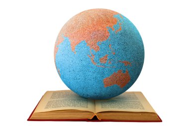 Asya ve Avustralya 'yı gösteren açık bir kitaptaki dünya küresi: çalışma ve öğrenme kavramı. Açık kitap okumayı, çalışmayı ve küresel öğrenmeyi sembolize eder..