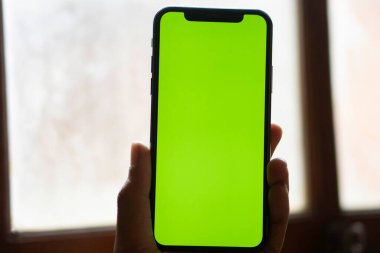 Bulanık bir arkaplan önünde yeşil ekranlı akıllı bir telefonu tutan bir el..