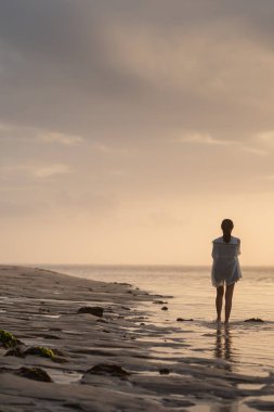 Gün batımında sakin bir sahil sahnesinde suyun kenarında durup ufka bakan bir kadın. Gökyüzü yumuşak bulutlarla ve suya yansıyan altın sarısı renklerle dolu..
