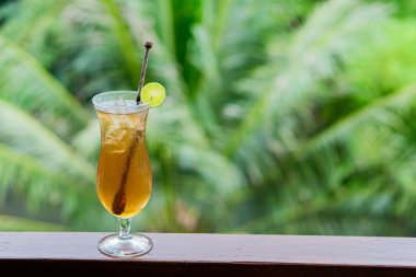 Limon dilimi ve karıştırıcıyla süslenmiş, uzun bir bardakta servis edilen ferahlatıcı bir kokteyl. Arka planda yemyeşil palmiye yaprakları var, tropikal bir atmosfer yaratıyor..