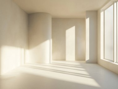 Yumuşak doğal ışığın geniş pencerelerden aktığı pürüzsüz, açık renkli duvarlara ve zemine gölge düşürdüğü minimalist bir iç mekan..