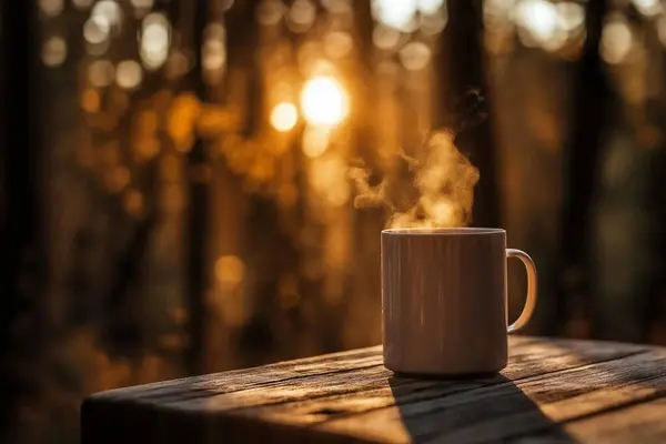 Dumanı tüten beyaz bir kahve fincanı ahşap bir masaya yerleştirilmiş, arka planda ağaçların arasından süzülen ılık altın bir güneş ışığı, rahat bir atmosfer yaratıyor..