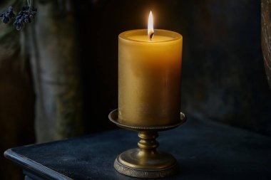 A lit candle in a decorative holder, casting a warm glow. The candle is cylindrical and has a smooth surface, placed on a dark surface with a blurred background. clipart