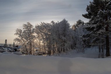İsveç Laponya 'sında güzel bir kış manzarası, Kiruna. Güneş ışığında fotoğraflanmış..
