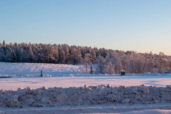 İskandinavya, İsveç Laponya 'daki güzel beyaz kış harikalar diyarı manzarasının panoramik manzarası. Gün ortası güneş ışığı.