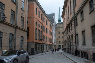 1 Mart 2024, Stockholm eski şehir silueti, İsveç 'in akşam manzarası.