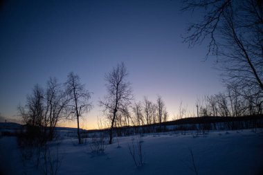 İsveç Laponya 'sında kış harikalar diyarı. Kiruna, Luossuvaara bölgesinden kış manzarası. Kiruna, İsveç Laponya.