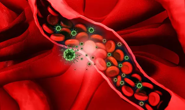 血液中の血液細胞に感染するウイルス 3Dイラスト — ストック写真