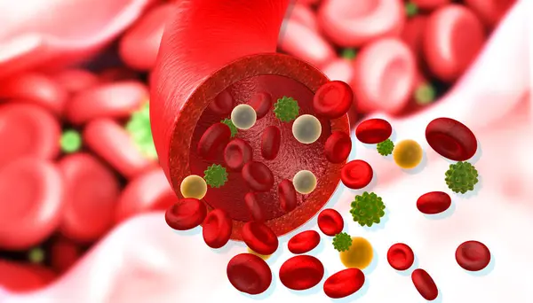 血液中の血液細胞に感染するウイルス 3Dイラスト — ストック写真
