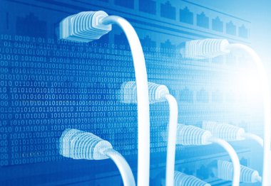 Veri merkezine bağlı ağ kabloları. Telekomünikasyon geçmişi. 3d illüstrasyon 