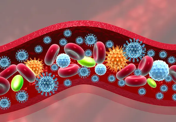 血液中的病毒3D说明 — 图库照片