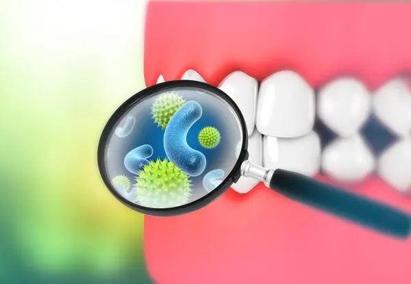 Büyüteç Mikropları Bakterileri Dişlerdeki Virüsü Gösteriyor Illüstrasyon — Stok fotoğraf
