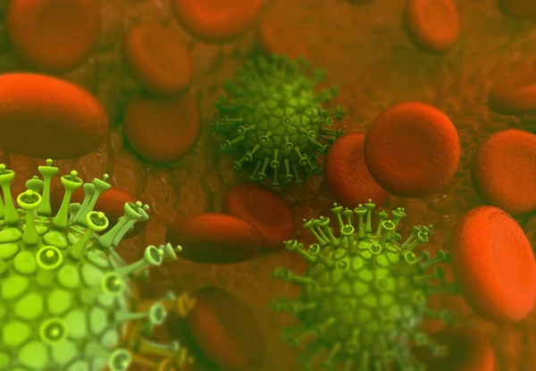 血液細胞に感染するウイルス 3Dイラスト — ストック写真