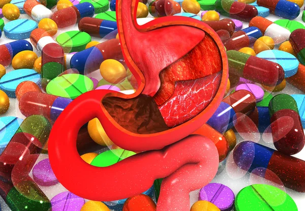 Medical pills and tablets with human stomach. 3d render